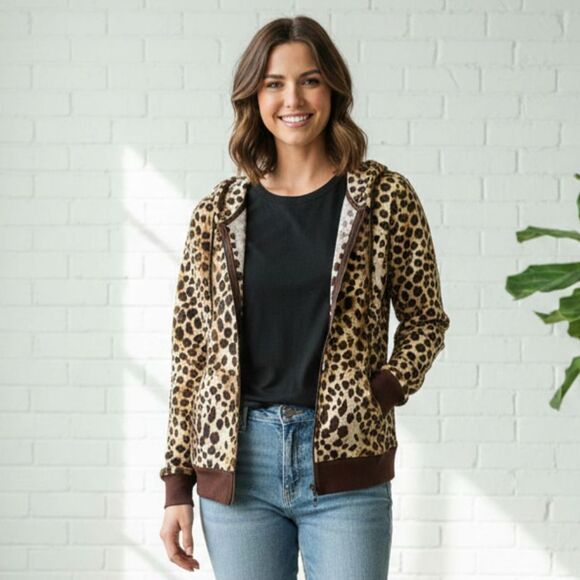 Onque Casuals Tops - Vintage Onque Casuals Women's Leopard Animal Print Zip-up Hoodie Jacket Size M